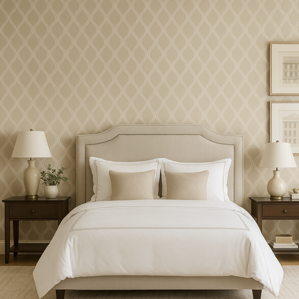 Beige Arch Trellis Lattice Wallpaper with repeating ogee pattern.
