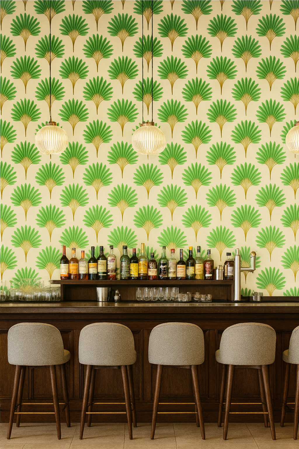 Coastal Fan Palms Wallpaper with a fan design pattern, set against a cream background.