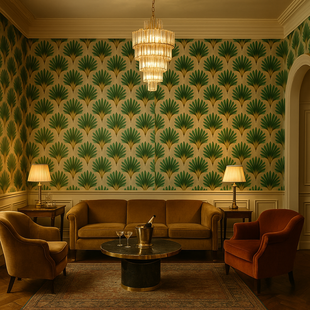 Coastal Fan Palms Wallpaper with green palm fronds pattern on a beige background.
