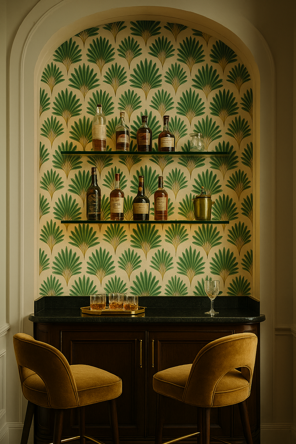 Coastal fan palms wallpaper with repeating green leaves pattern, over a cream background.