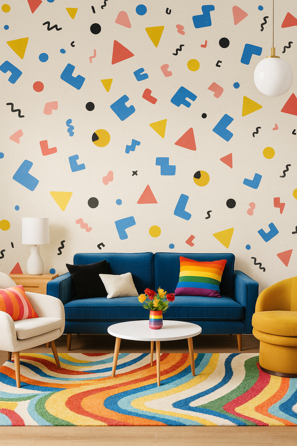 Mod Scatter Pop wallpaper with colorful geometric shapes scattered on a light background.
