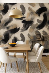 Inky Gesture wallpaper with black brushstrokes pattern on light beige background.
