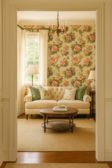 Floral botanica wallpaper with pink peonies pattern on a tan background.
