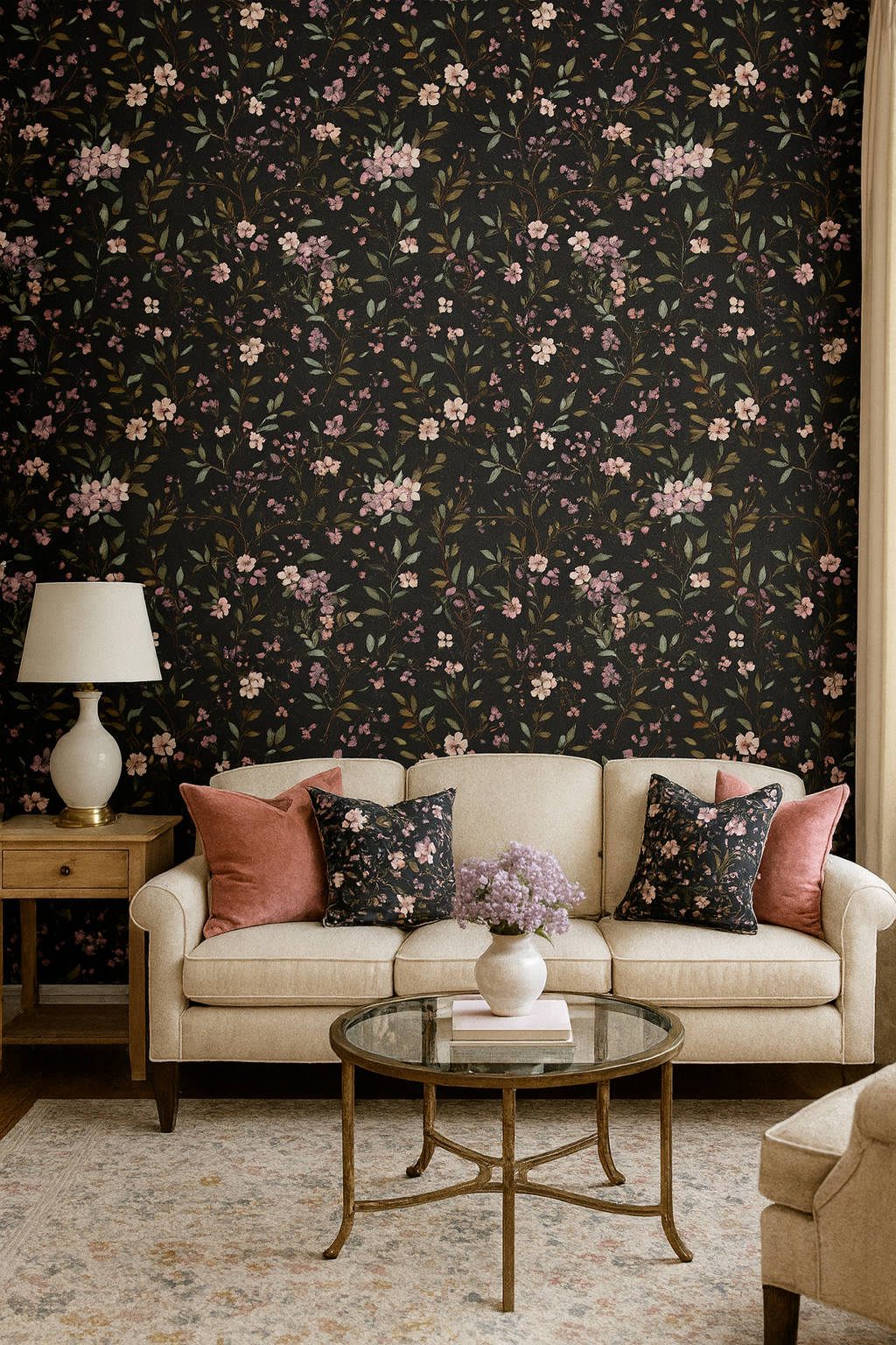 Berry Meadow wallpaper with floral pattern on a dark background.