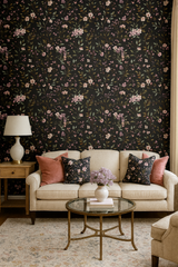 Berry Meadow wallpaper with floral pattern on a dark background.