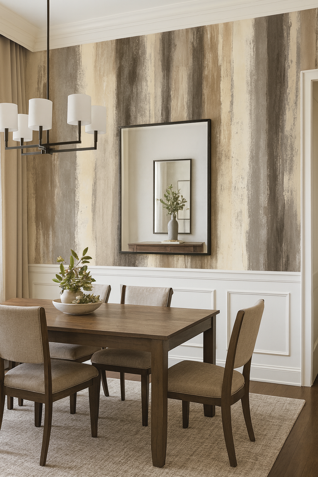 Greige cascade wallpaper from York Wallcoverings with a neutral brown painted stripe pattern in a dining room setting.
