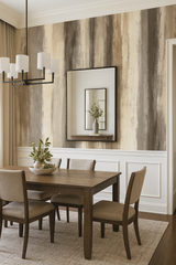 Greige cascade wallpaper from York Wallcoverings with a neutral brown painted stripe pattern in a dining room setting.
