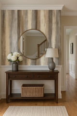 Neutral-toned cascade wallpaper with a vertical stripe pattern.
