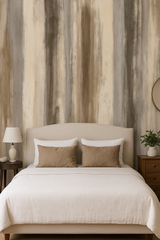 Greige cascade wallpaper with neutral stripes pattern, beige tones against the wall.