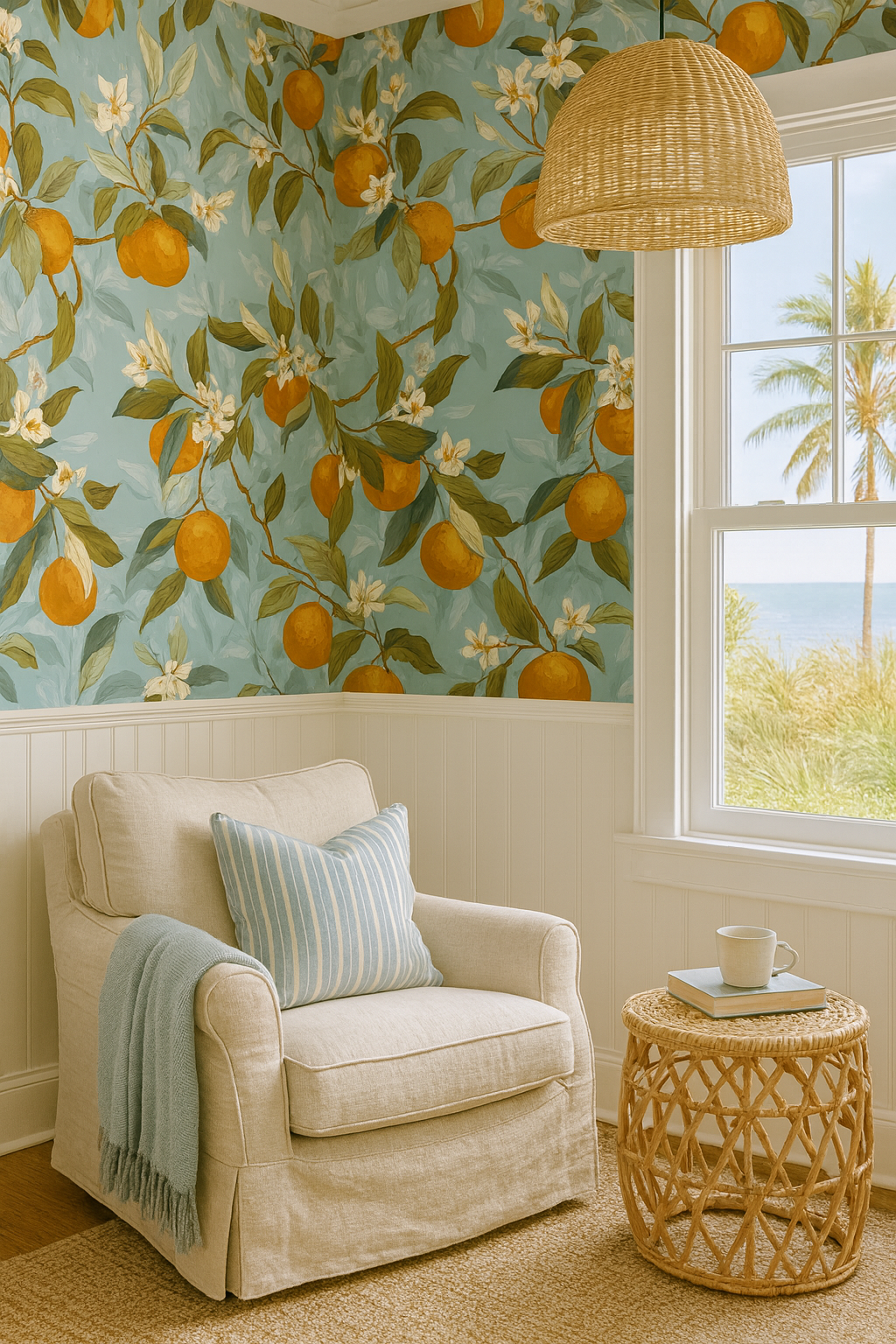 Citrus Grove Blossoms Wallpaper with orange and white floral pattern on a light blue background.
