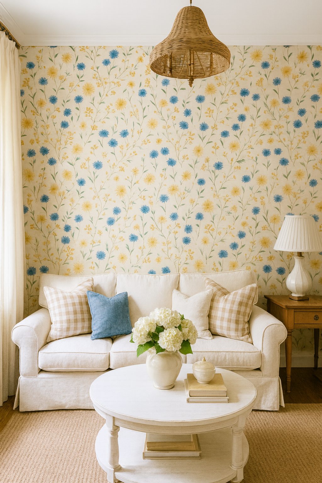 Floral cornflower parade wallpaper with yellow and blue flowers, covering a wall, featuring a natural fiber chandelier.
