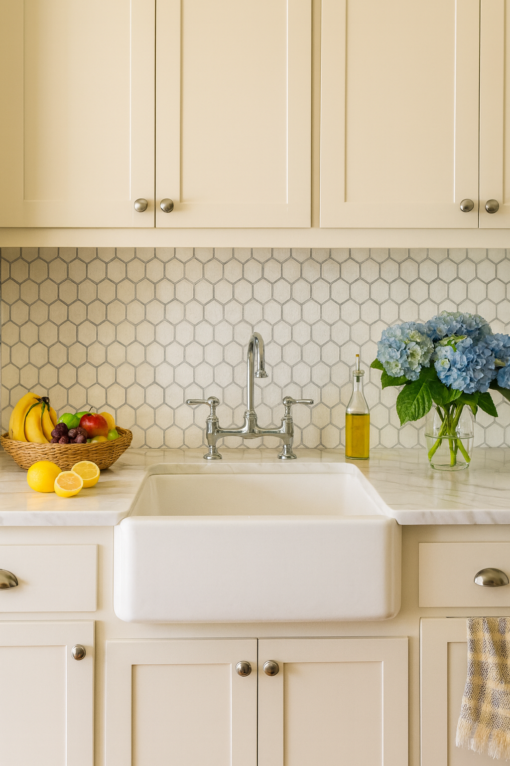 Honeycomb Sketch Wallpaper with a faint geometric pattern, covering a kitchen wall.
