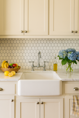 Honeycomb Sketch Wallpaper with a faint geometric pattern, covering a kitchen wall.
