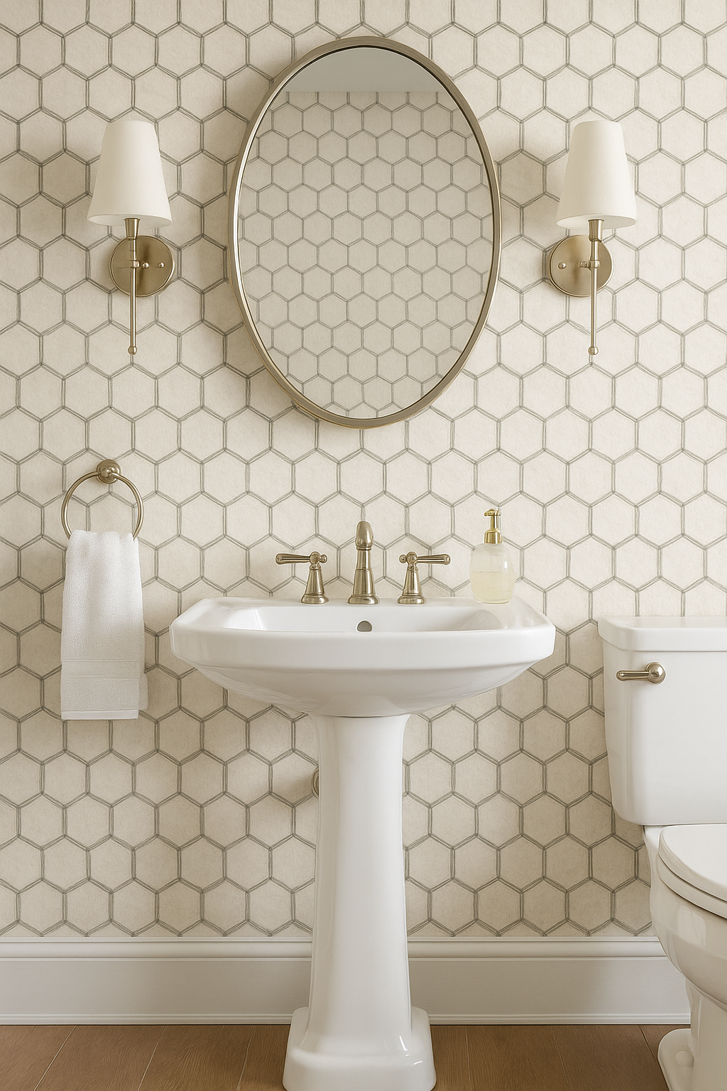 Honeycomb sketch wallpaper with a geometric pattern, neutral tones, and an hexagonal motif.