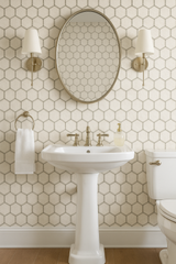 Honeycomb sketch wallpaper with a geometric pattern, neutral tones, and an hexagonal motif.