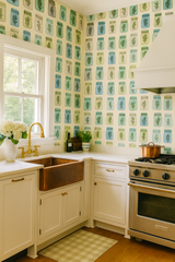 Herbarium Jars Wallpaper with mason jar and herb pattern on a light yellow background.
