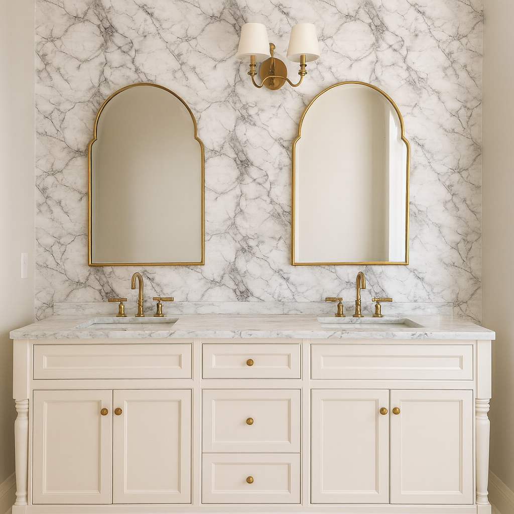 Carrara Veil wallpaper featuring marble pattern and neutral tones, covering the bathroom wall.