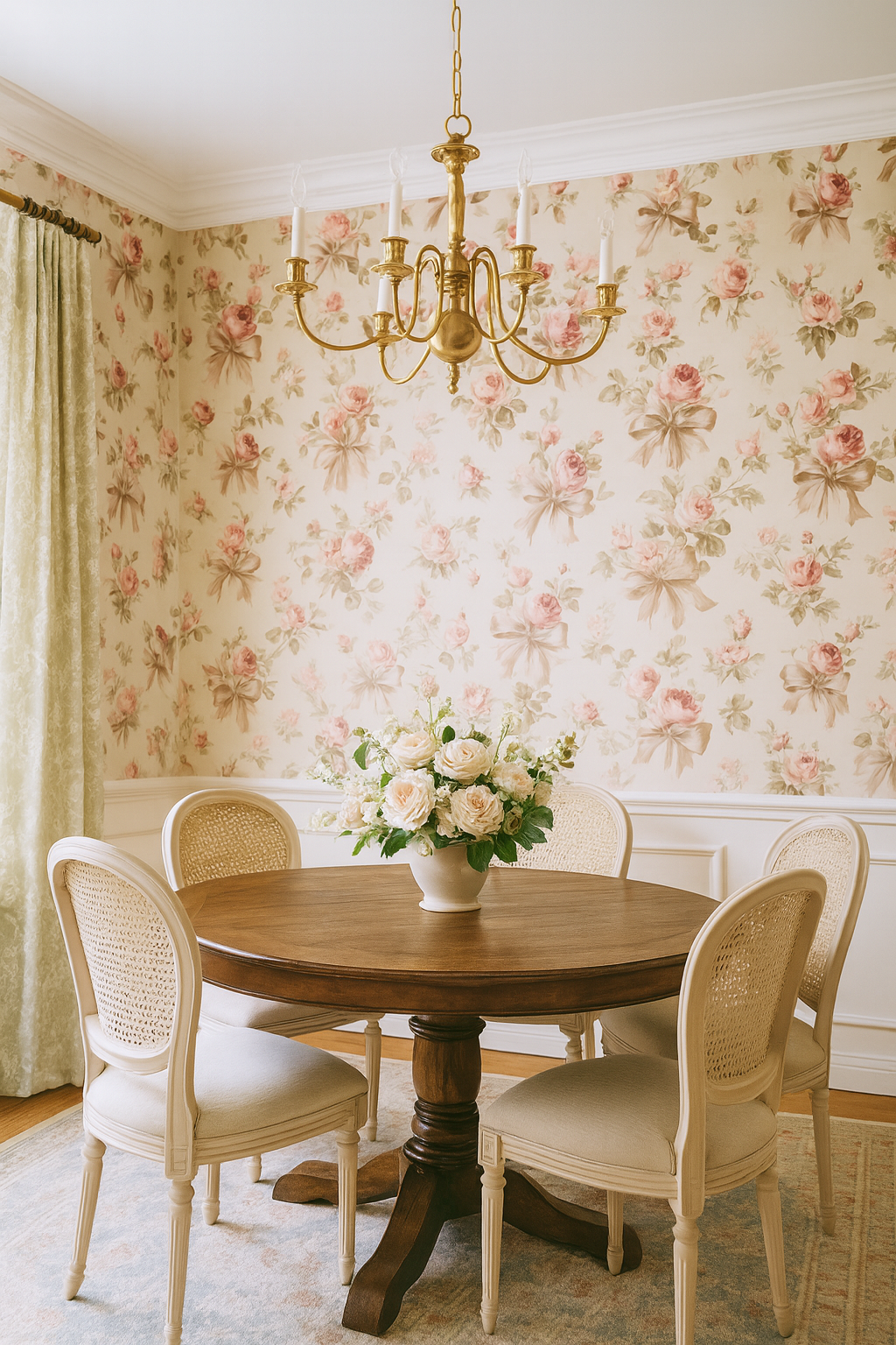 Ribbon & Rose Society Wallpaper featuring floral pattern and bow details.
