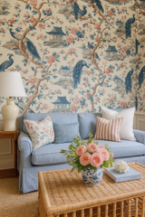 Peacock Pavilion Wallpaper with blue and coral tones, featuring peacocks, flowers, and pagodas on a cream-colored background.