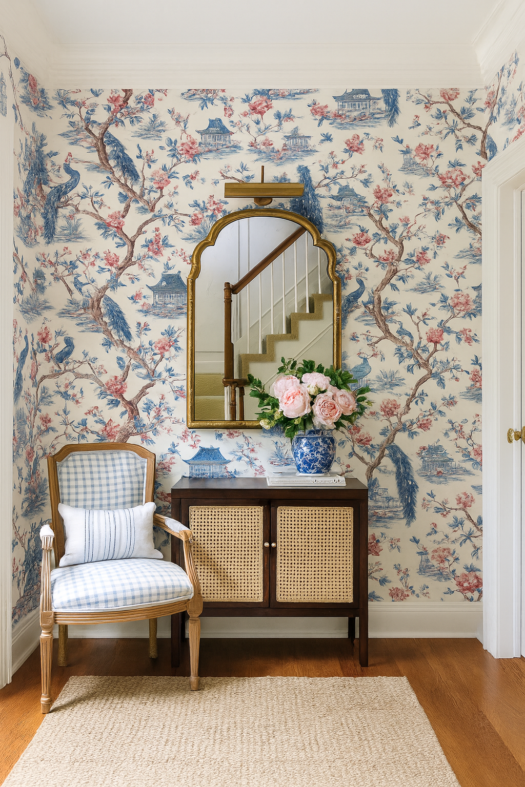 Peacock Pavilion wallpaper with blue and red toile pattern, featuring peacocks, pagodas, and floral branches.
