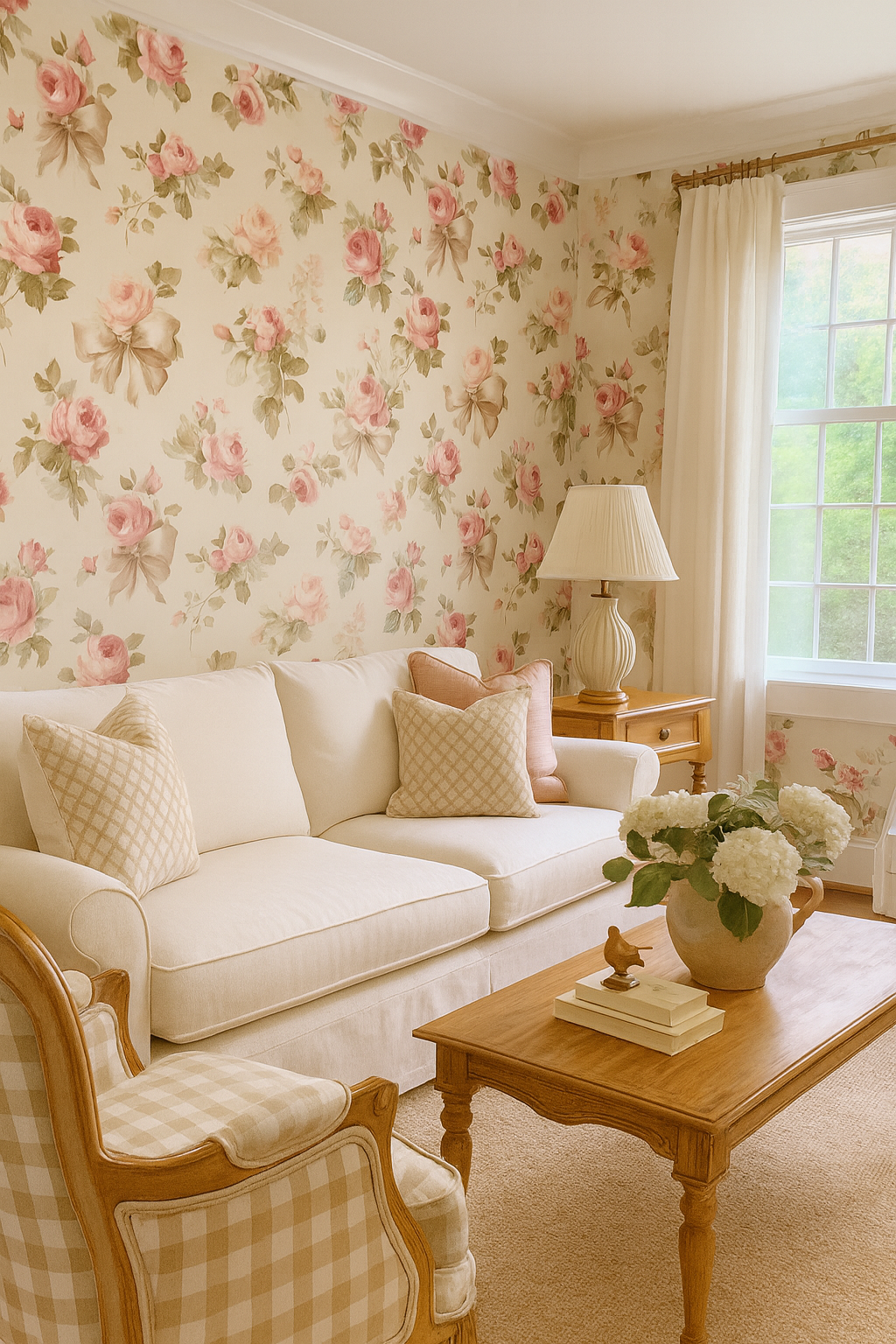 Floral wallpaper with ribbon and rose design, in a vintage style.