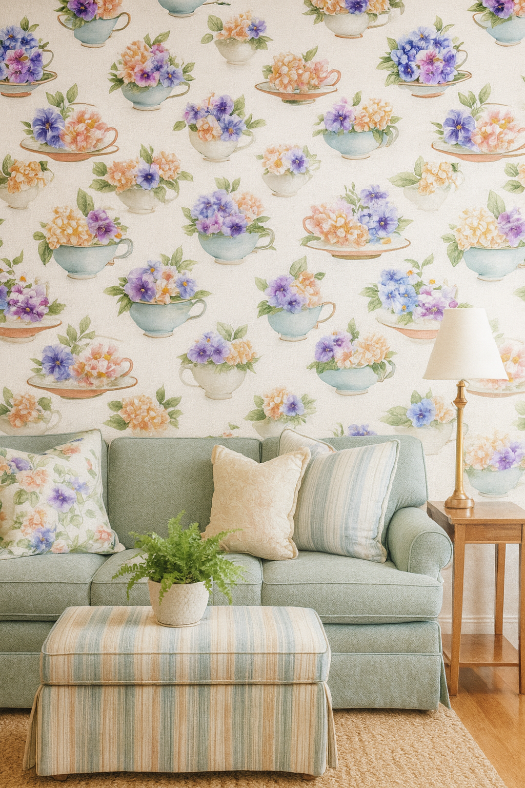 Teacup garden wallpaper with floral pattern, pastel colors, and teacup illustrations.
