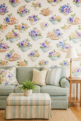 Teacup garden wallpaper with floral pattern, pastel colors, and teacup illustrations.
