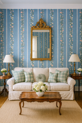Floral stripe Lace Lane Wallpaper with blue backdrop, against a furnished living room setting.