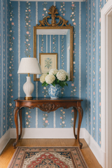 Floral striped wallpaper, from Lace Lane, in blue with white and pink accents.
