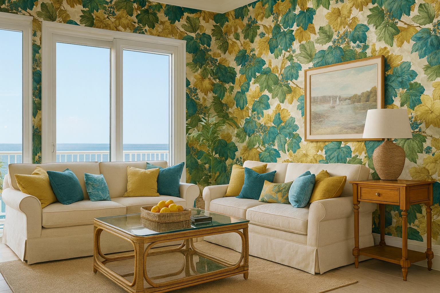 Leaf pattern wallpaper with green and yellow hues, styled in a living room setting.