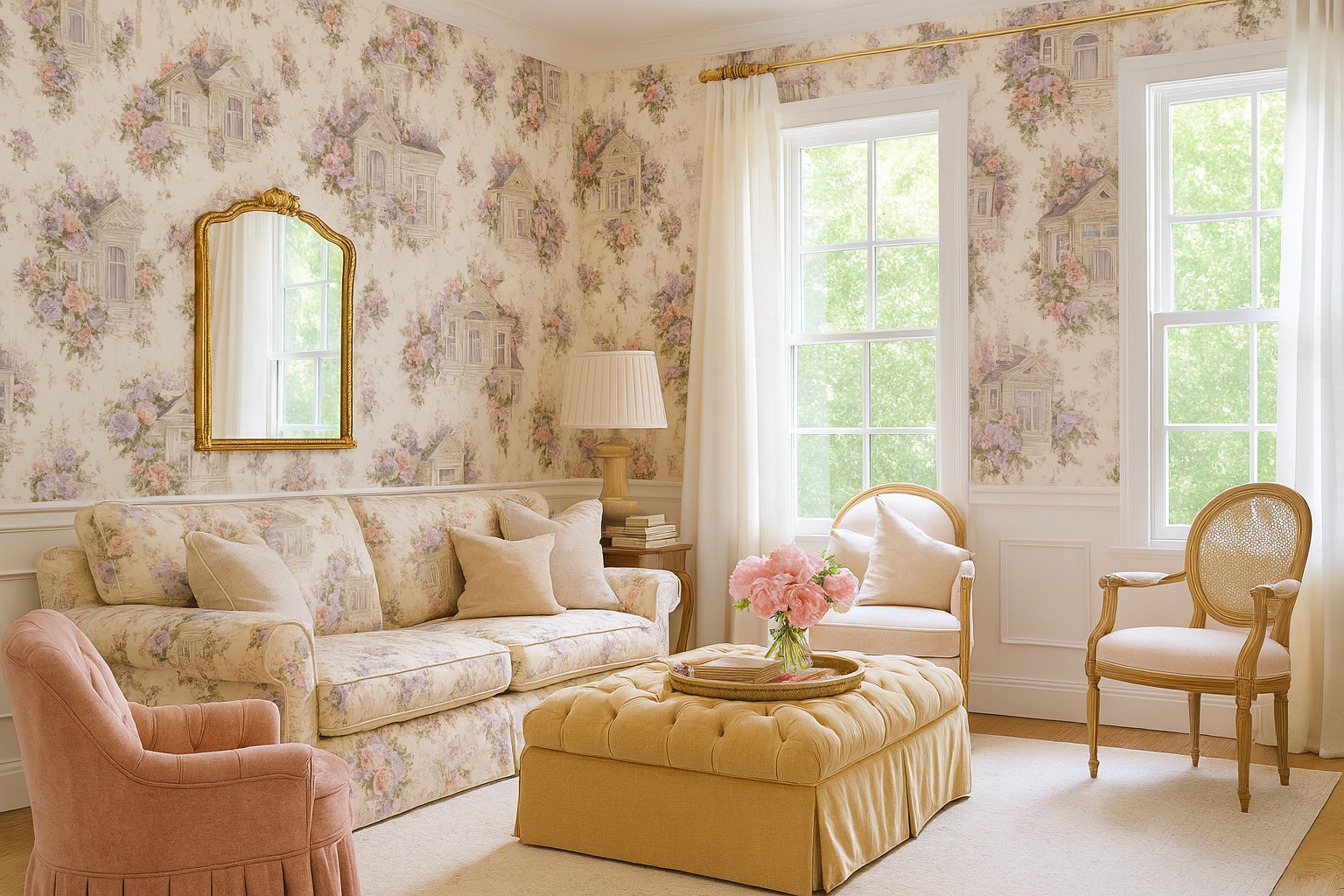 Floral wallpaper with a house and floral pattern, and a vintage design.