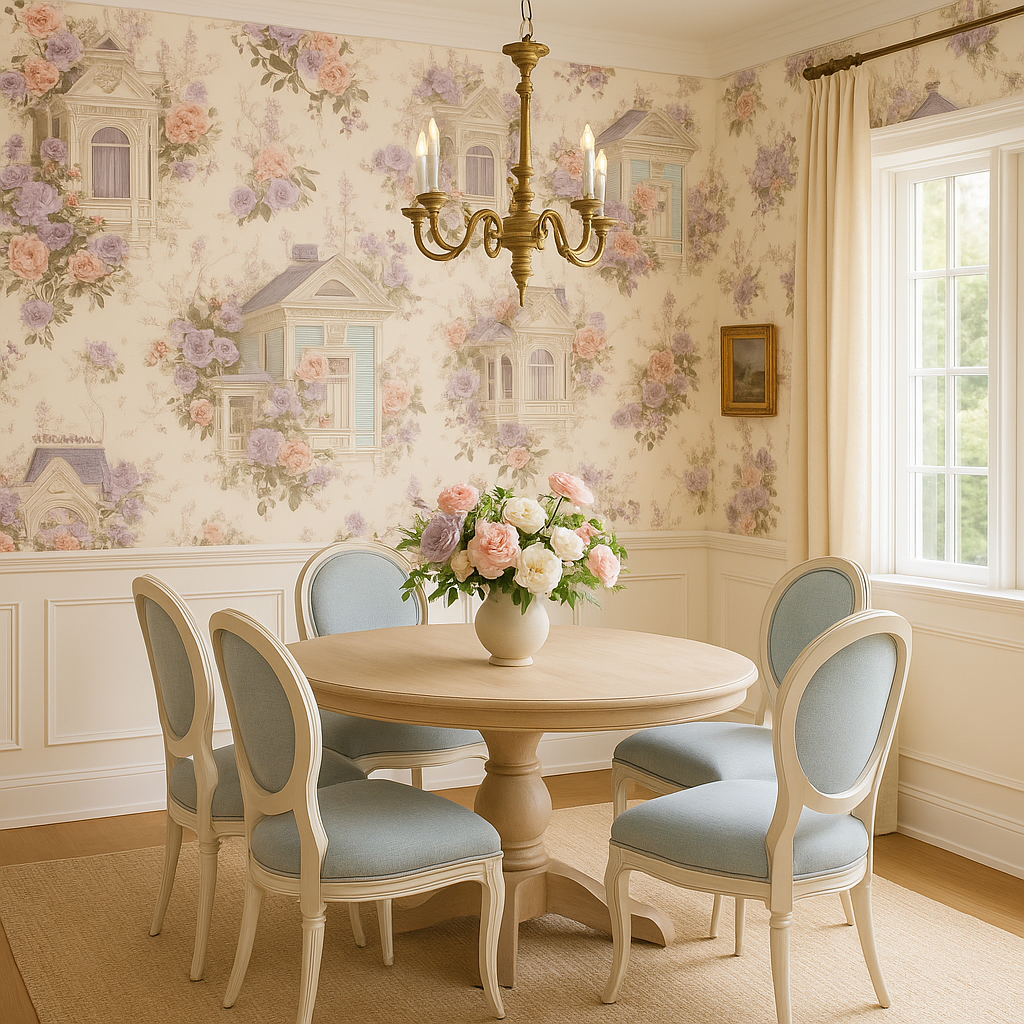 Floral wallpaper with house motif pattern on cream background.