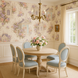 Floral wallpaper with house motif pattern on cream background.