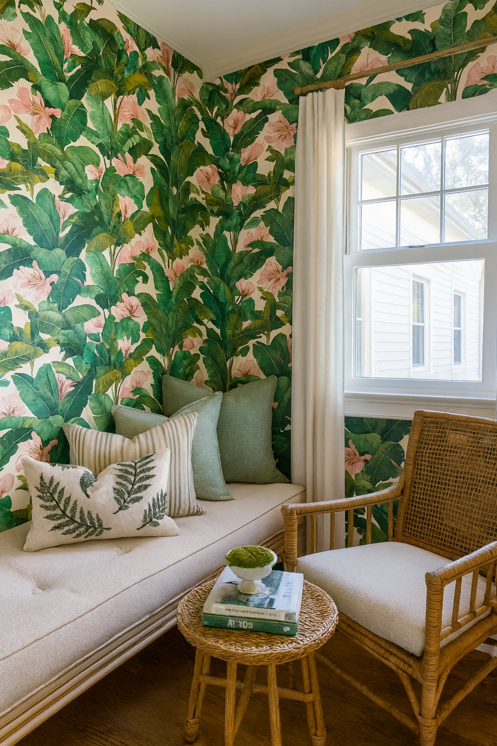 Palm Mirage wallpaper with a tropical floral pattern on the wall of a cozy reading nook.