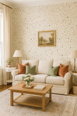 Confetti Garden Wallpaper with colorful polka dot pattern covering the wall behind furniture.
