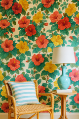 Floral hibiscus wallpaper with red and yellow flowers and green foliage.

