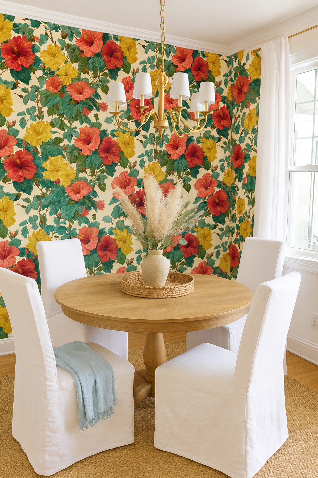 Floral Island Hibiscus Wallpaper with red and yellow flowers and green leaves, styled in a dining room.
