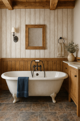 Whitewashed planks wallpaper with wood texture detailing.

