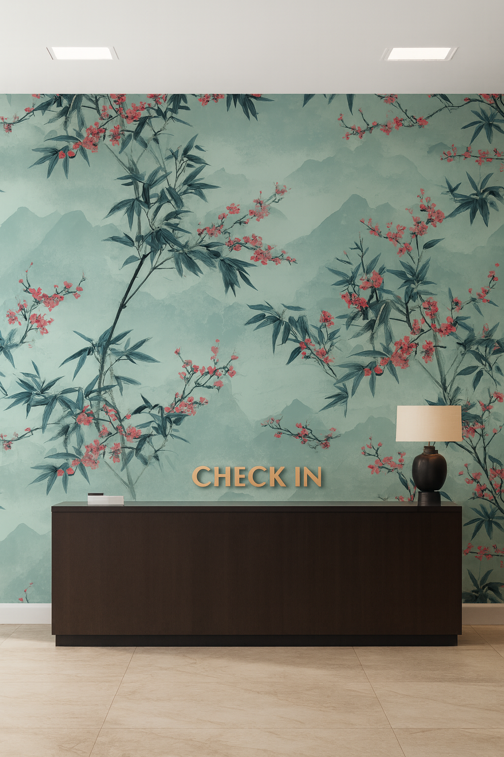 Sakura Mist Wallpaper with floral pattern and mountain background, check-in counter visible.