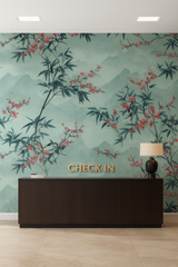 Sakura Mist Wallpaper with floral pattern and mountain background, check-in counter visible.