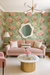 Floral Victorian Bloomscape Wallpaper with a light blue backdrop, patterned with pink and white blooms.
