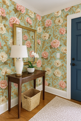 Victorian Bloomscape Wallpaper with floral pattern and gold accents on a blue background.