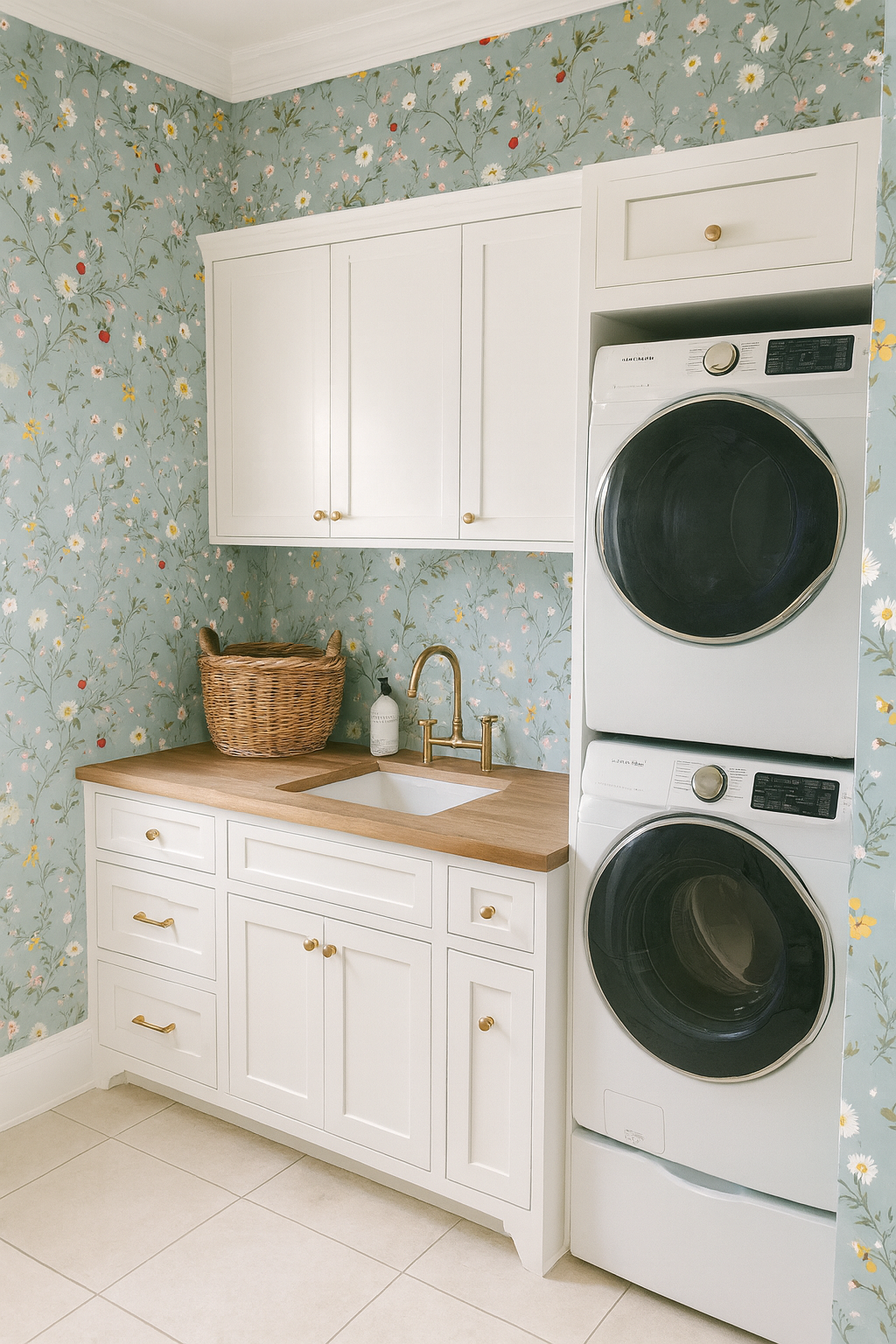 Floral wallpaper with strawberry details, against a pale blue background.

