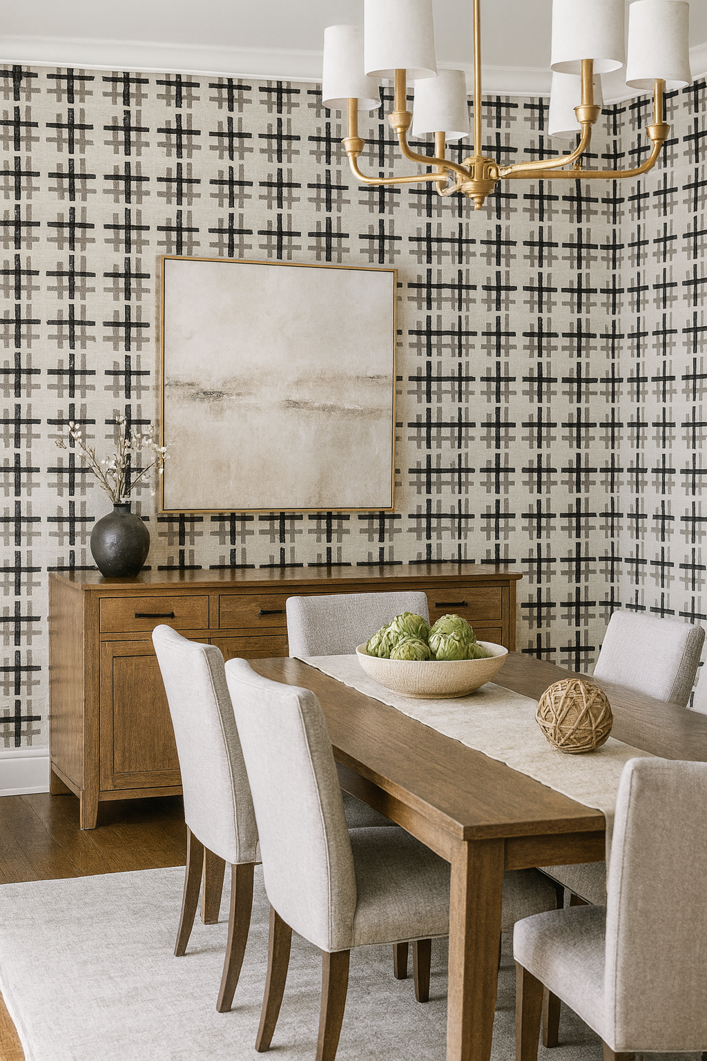 Inkwoven Grid Wallpaper with black and gray pattern against a light beige background.