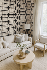 Inkwoven Grid Wallpaper with abstract black plus pattern, textured effect, and neutral tones.