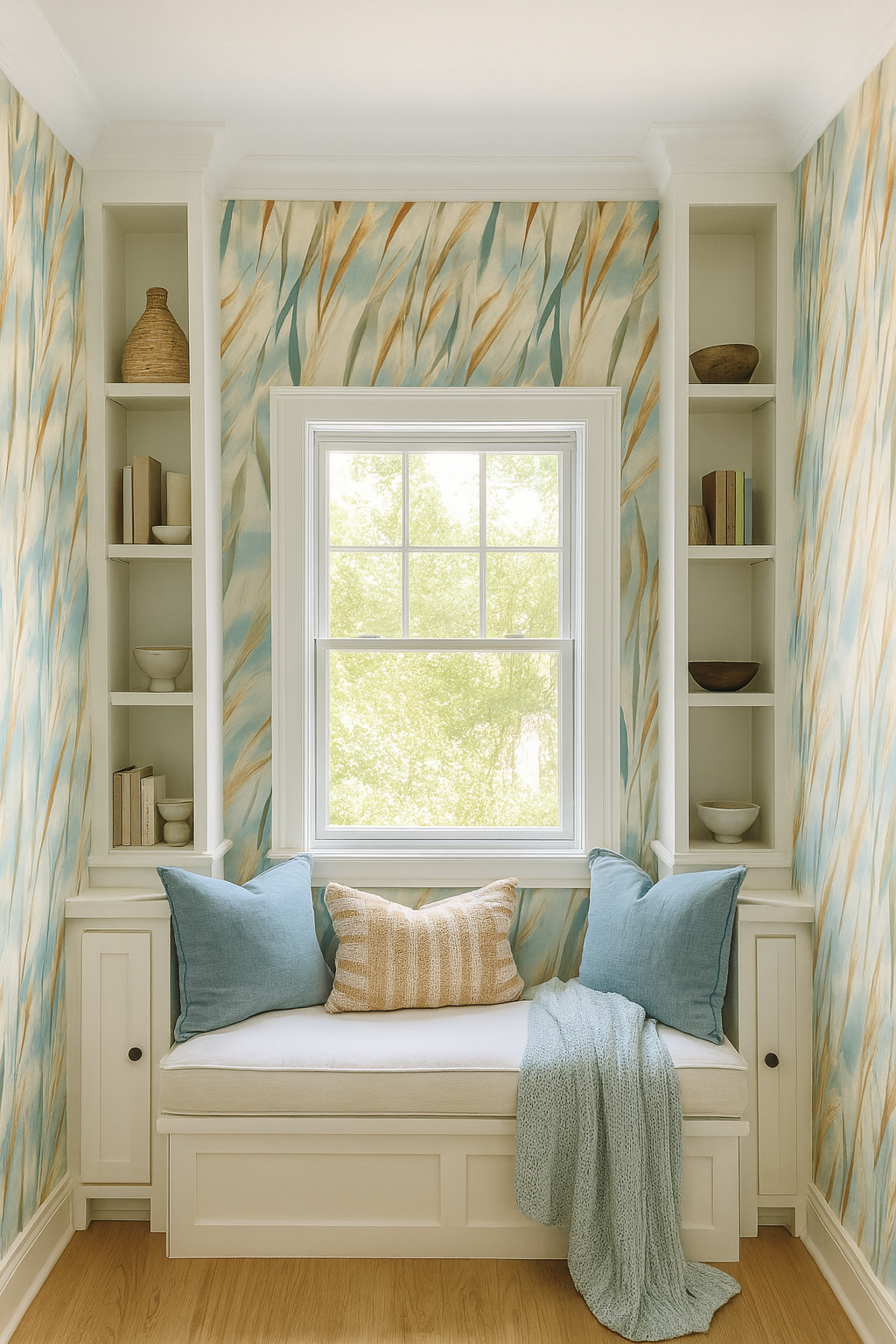 Blue and gold Sea Whispers Wallpaper with a foliage motif, displayed in a bright window seat nook.

