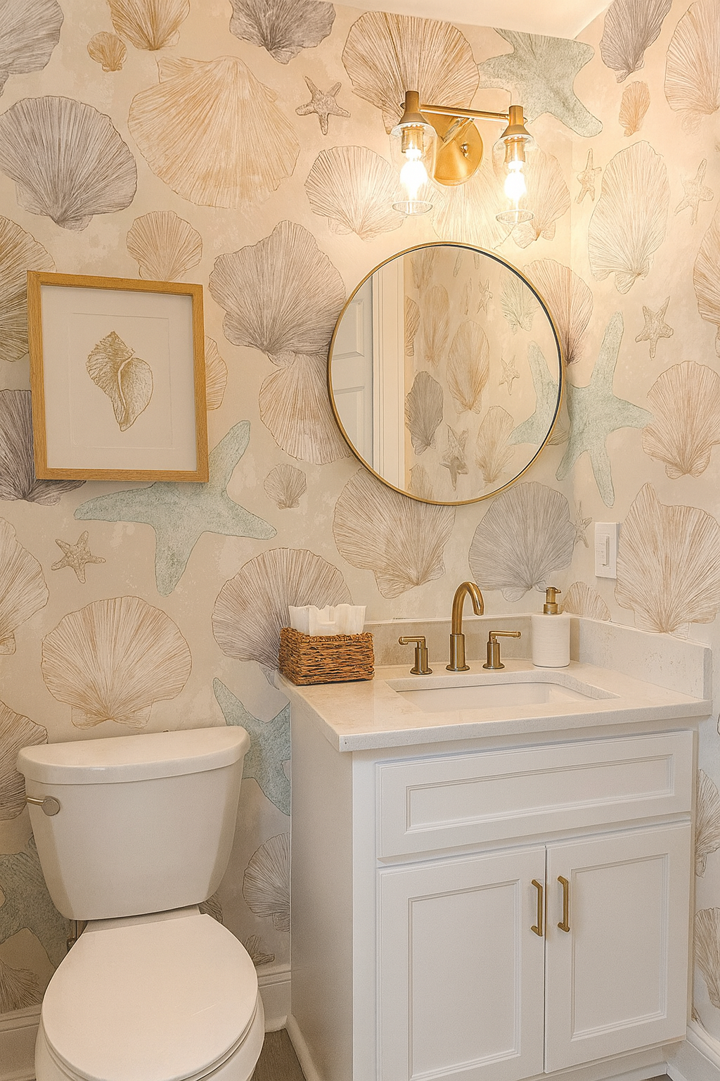 Low Tide Relics Wallpaper with shell and starfish pattern over a light beige backdrop.
