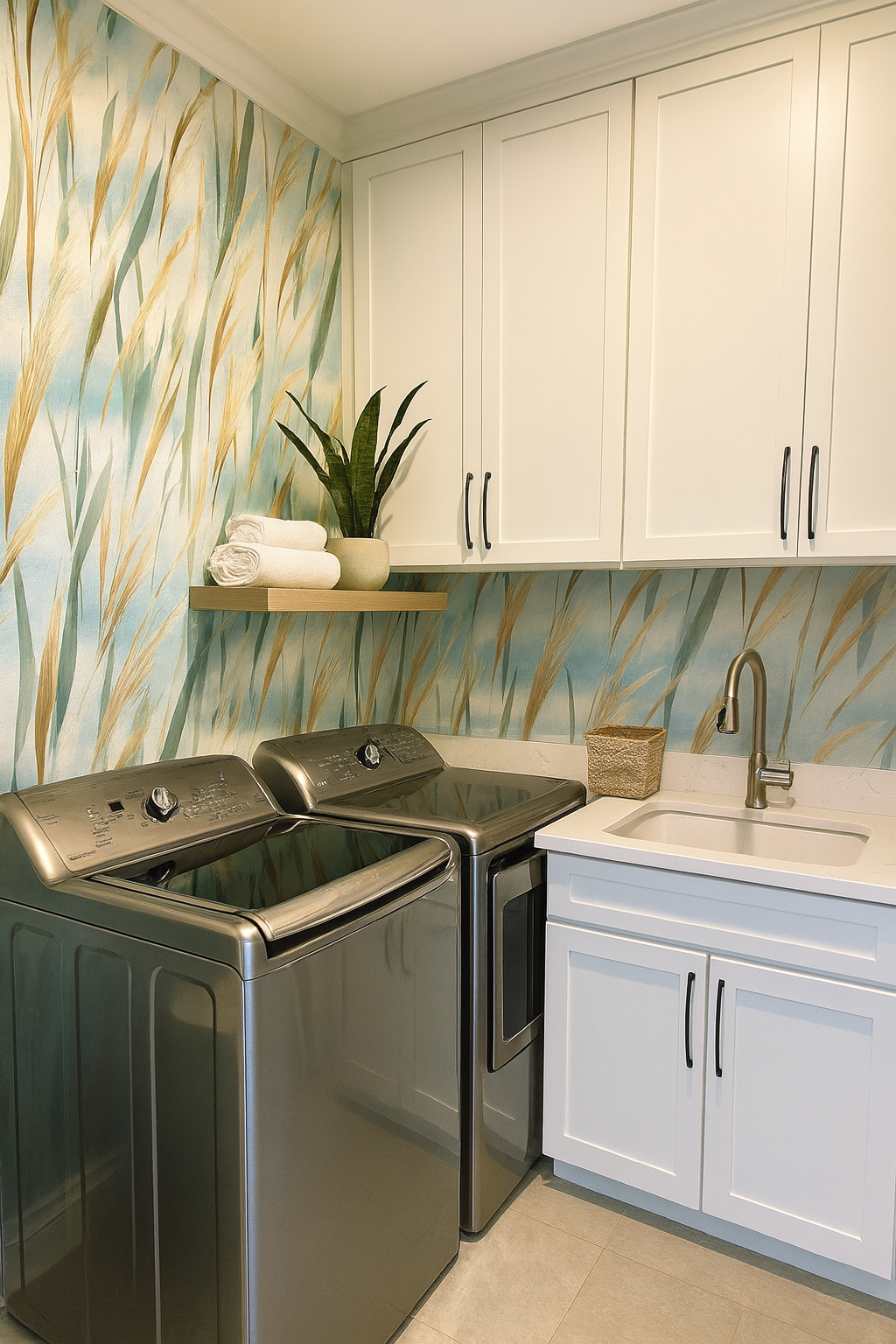 Sea Whispers wallpaper with tall wheat and grasses motif, and light blue sky background.