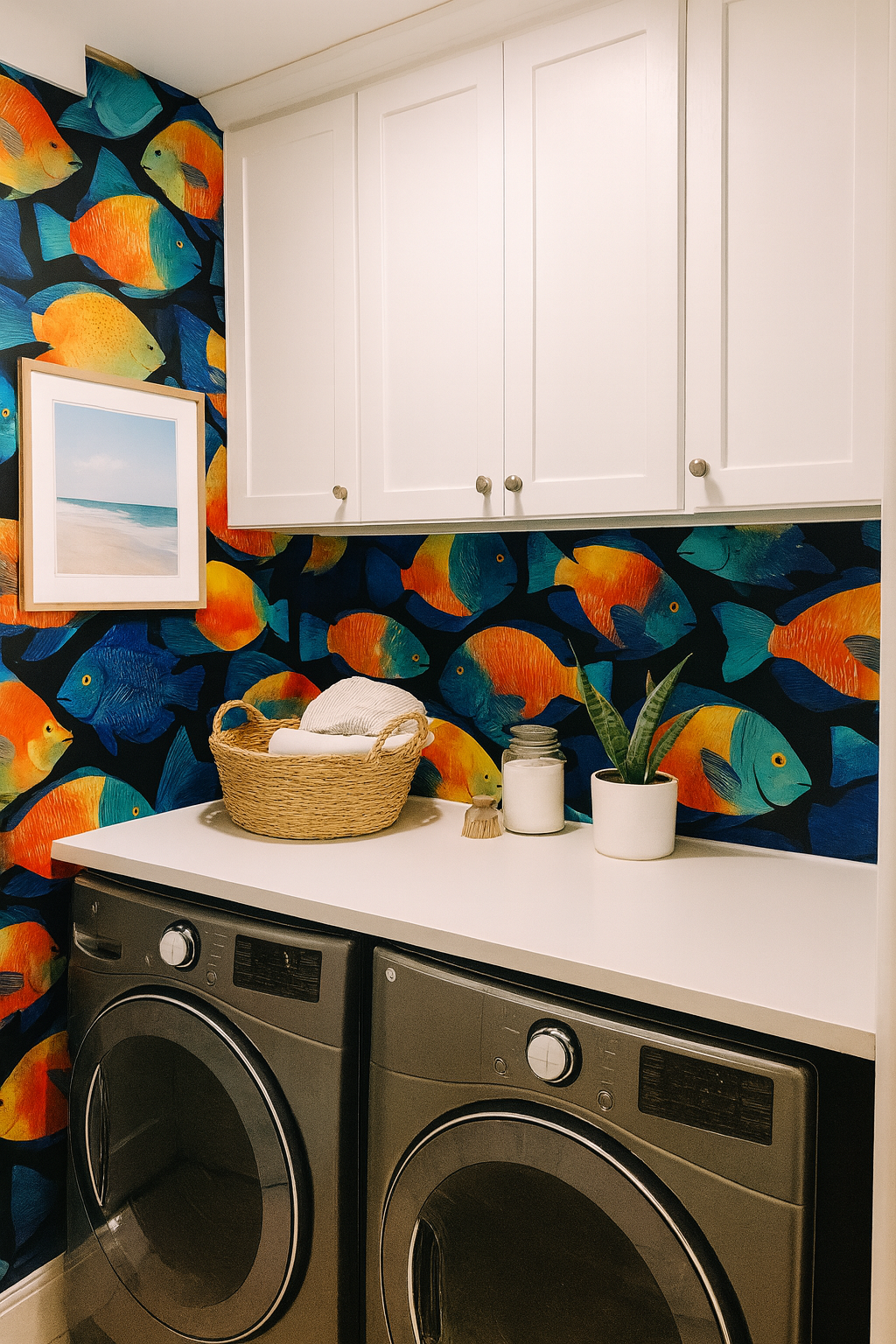 Tropic Chorus Wallpaper with vibrant fish pattern on a black backdrop.