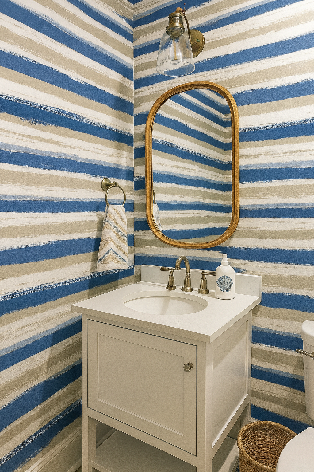 Blue and beige striped wallpaper with a brushstroke pattern by Nautica, adorning a bathroom wall above a vanity.
